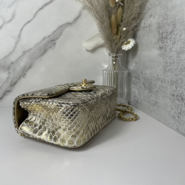 CC original python leather mini top handle flap bag AS2431 light gold