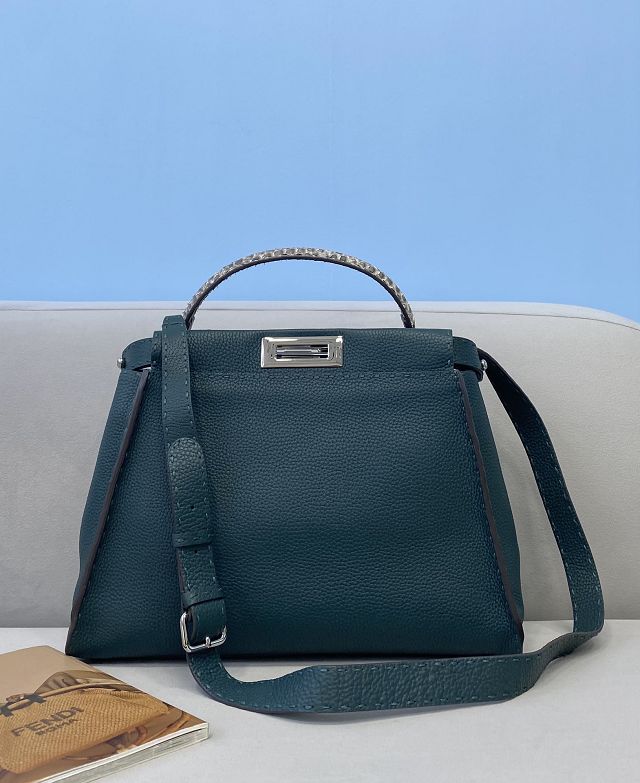 Fendi original grained calfskin medium peekaboo bag 8BN240-3 dark green