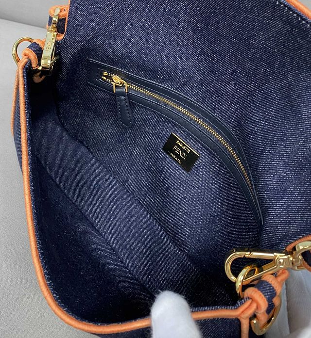 Fendi original denim medium baguette bag 8BR600 dark blue&orange