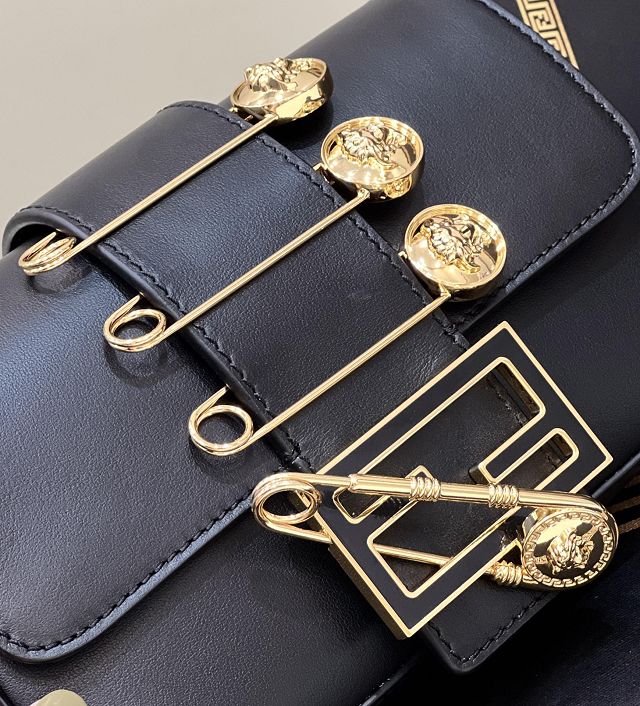 Fendi original calfskin mini brooch baguette bag 8BS066 black