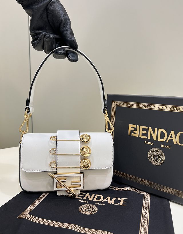 Fendi original calfskin mini brooch baguette bag 8BS066 white