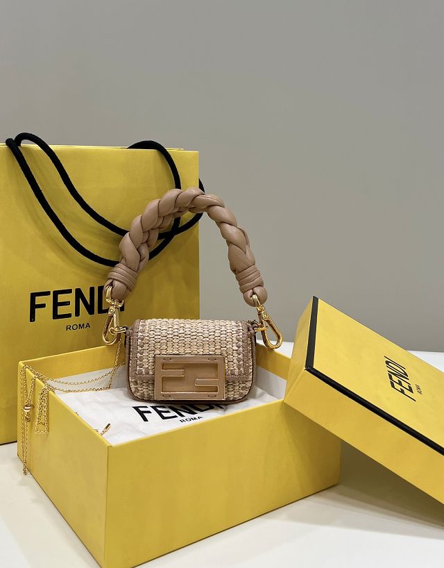 Fendi original raffia nano baguette charm 7AR996 beige