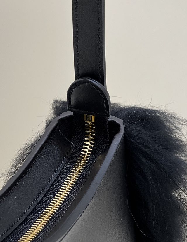 Fendi original calfskin&fox fur O-Lock swing pouch 8BS068 black