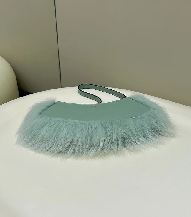 Fendi original calfskin&fox fur O-Lock swing pouch 8BS068 mint green