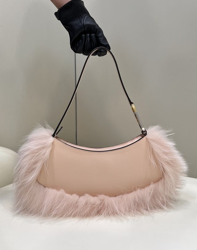 Fendi original calfskin&fox fur O-Lock swing pouch 8BS068 pink