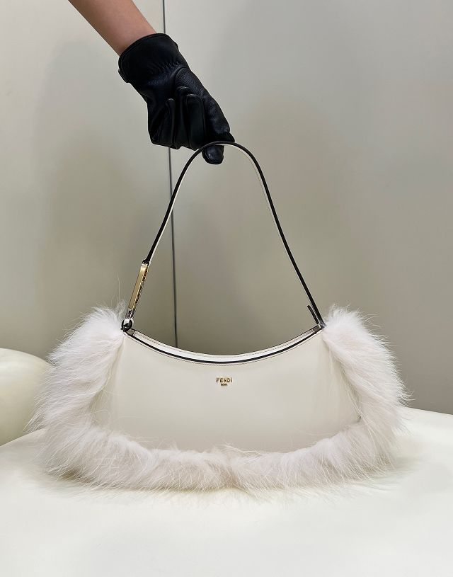 Fendi original calfskin&fox fur O-Lock swing pouch 8BS068 white