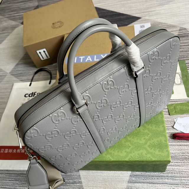 GG original embossed calfskin briefcase 658573 grey