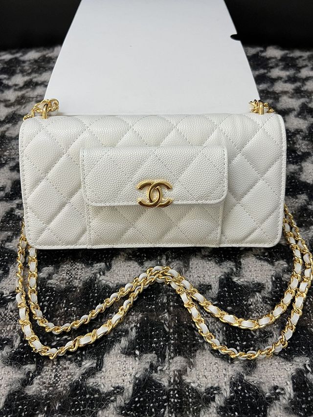 CC original grained calfskin clutch with chain AP3015 white