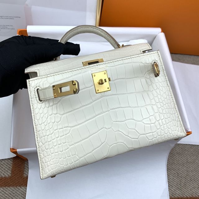 Hermes genuine crocodile leather mini kelly bag K0019 craie 