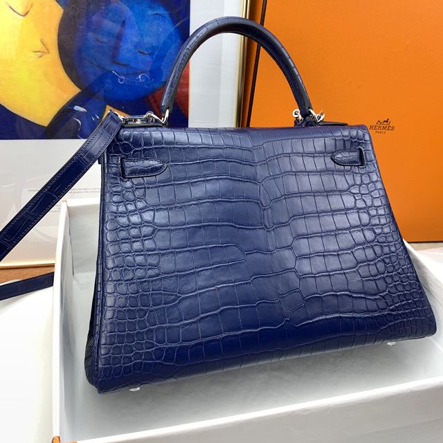 Hermes genuine crocodile leather kelly bag K320 blue saphir