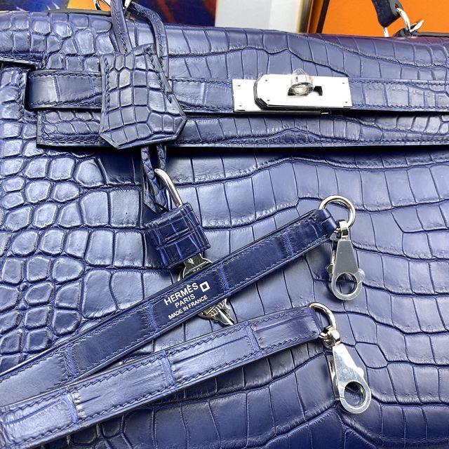 Hermes genuine crocodile leather kelly bag K320 blue saphir