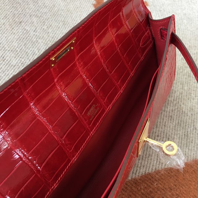 Hermes genuine crocodile leather kelly cut 31 clutch C310 red