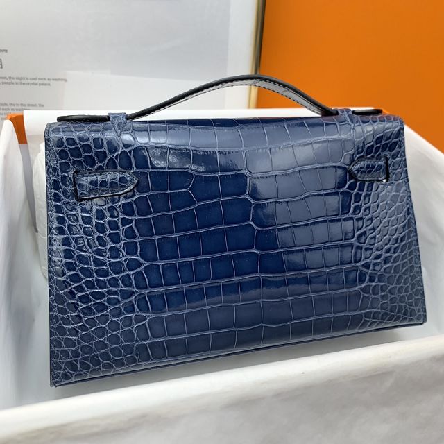 Hermes genuine crocodile leather mini kelly clutch K220 blue tempete