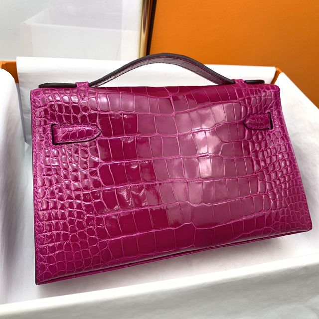 Hermes genuine crocodile leather mini kelly clutch K220 rose sheherzade