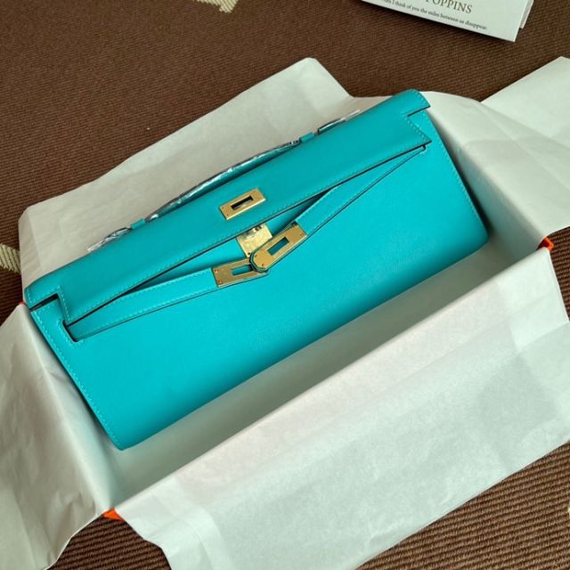 hermes original swfit leather kelly cut 31 clutch H032 lake blue