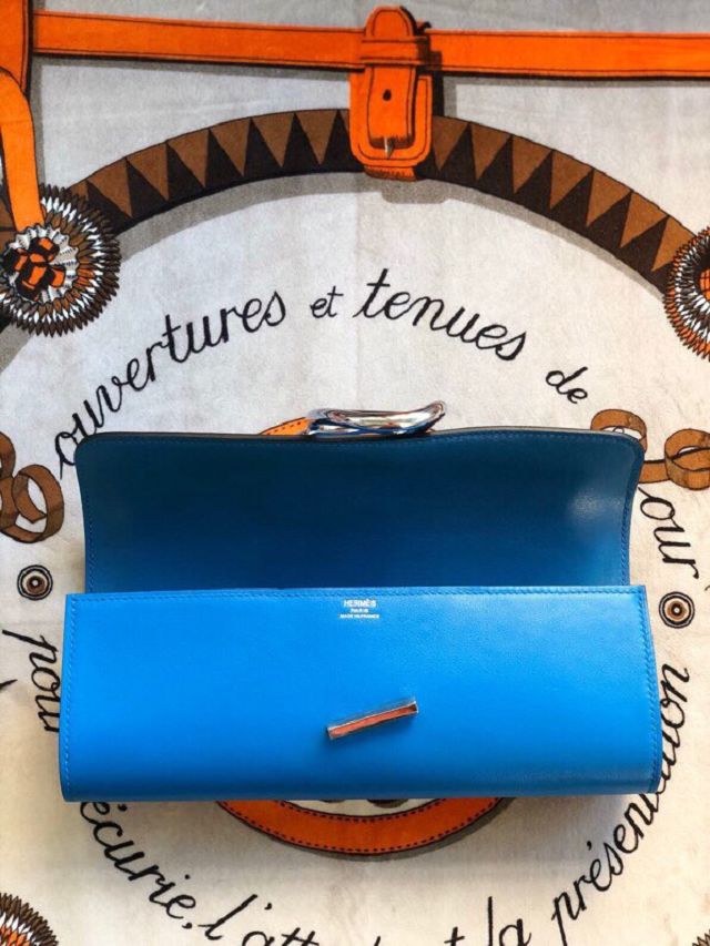 Hermes original swfit leather egee clutch E001 blue paradise