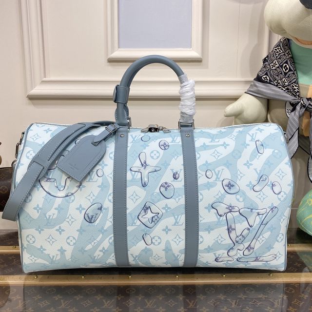 Louis vuitton original monogram canvas keepall 50 M22570 light blue