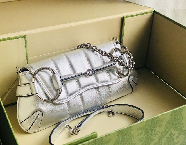 GG original calfskin horsebit chain small shoulder bag 764339 silver