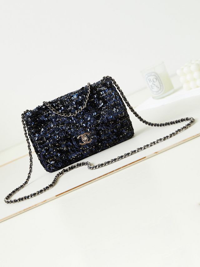 CC original sequins medium flap bag AS3965 black&blue