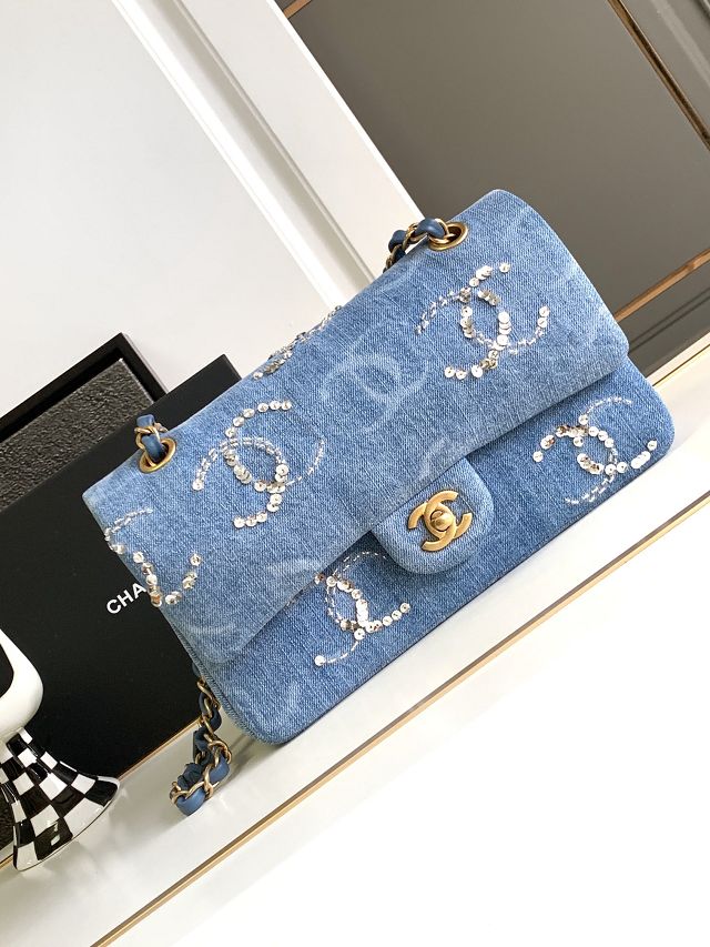 CC original denim small flap bag A01113 blue