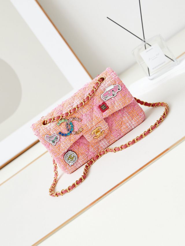 CC original tweed small flap bag A01113 pink