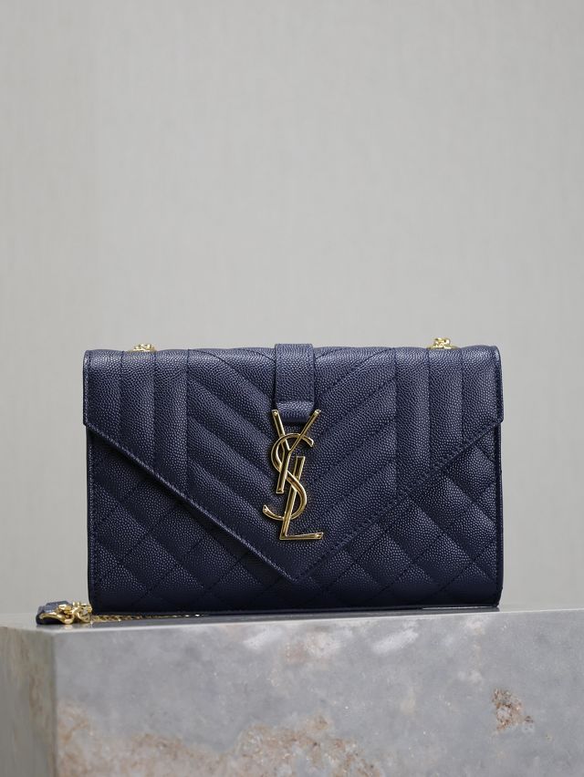 YSL original grained calfskin small envelope chain bag 526286 navy blue