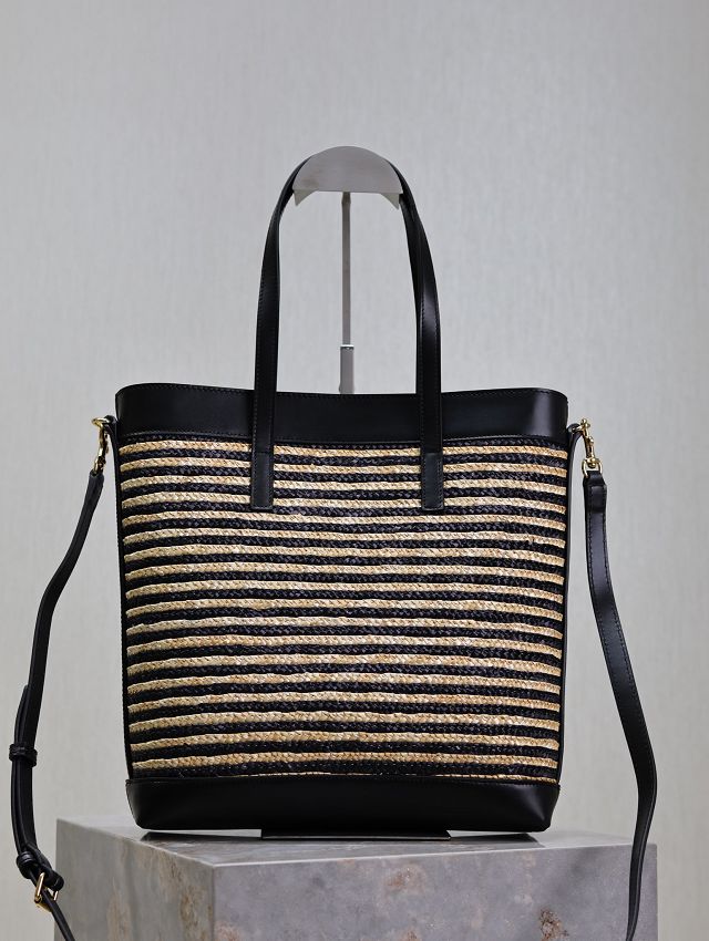 YSL original raffia medium shopping tote bag 600306 black&beige