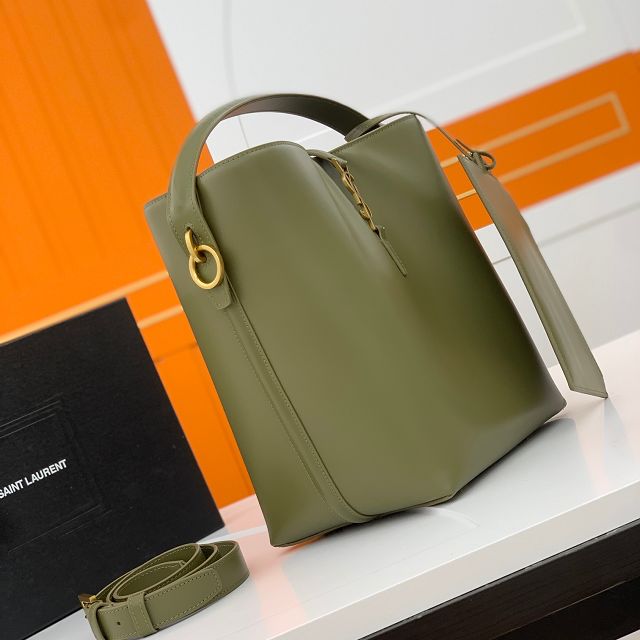 YSL original box calfskin medium le 37 bucket bag 742828 green