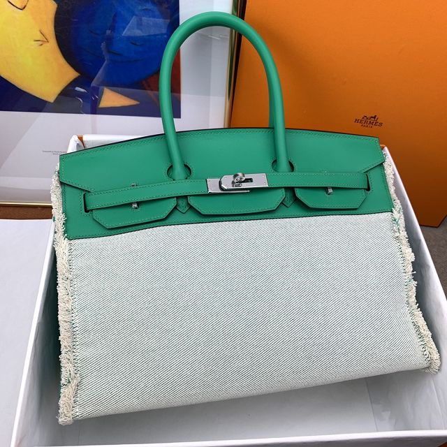 Hermes handmade original calfskin&canvas birkin bag BK00039 menthe