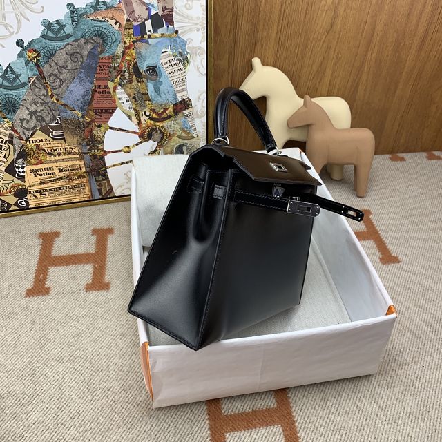 Hermes original box leather kelly 32 bag K32 black