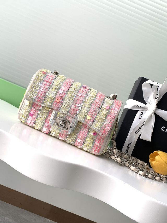 CC original sequins mini flap bag A01112 white&pink