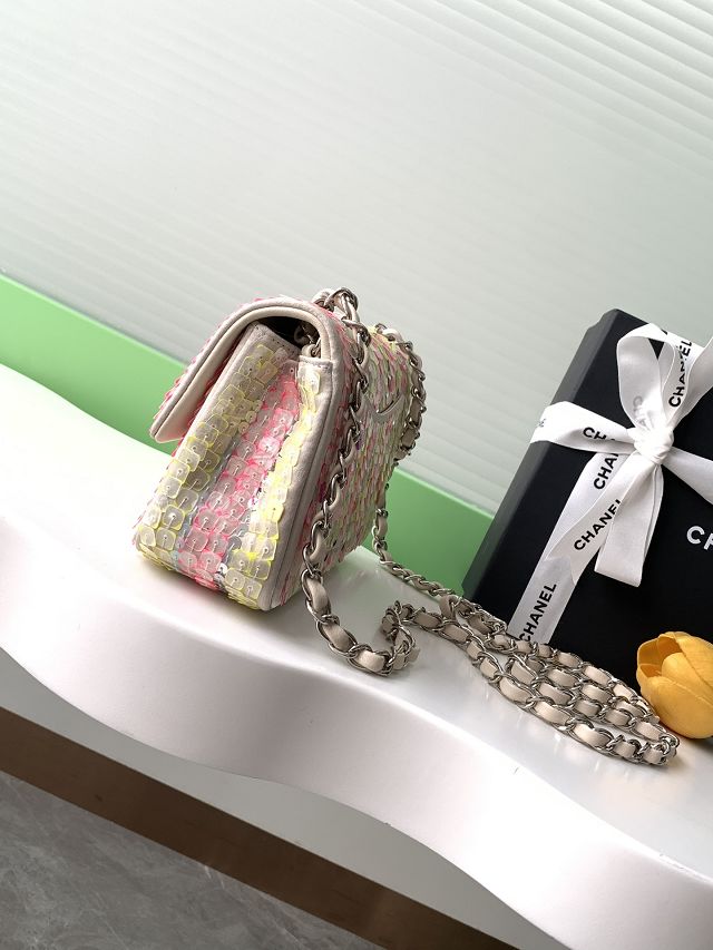 CC original sequins mini flap bag A01112 white&pink