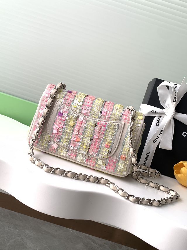 CC original sequins mini flap bag A01112 white&pink