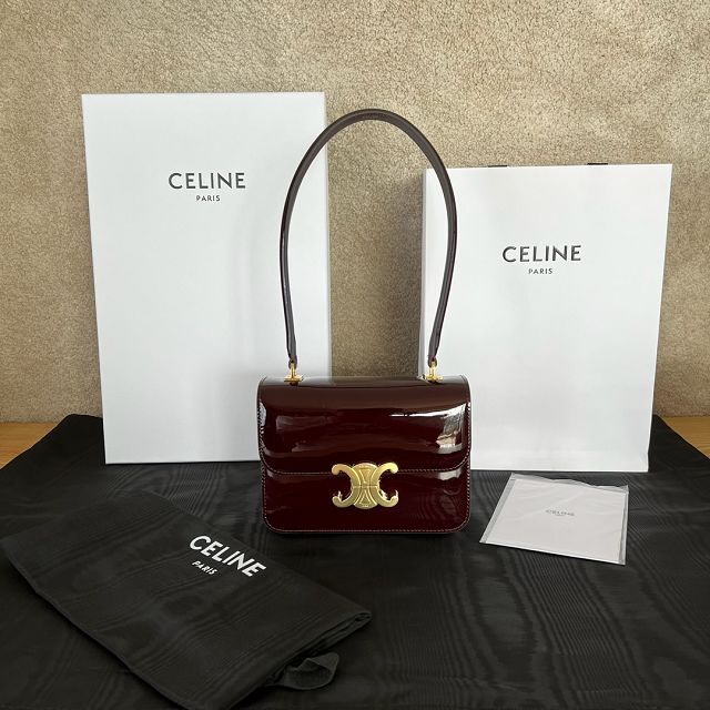 Celine original patent calfskin small garence bag 118053 burgundy