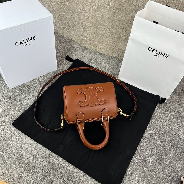 Celine original calfskin triomphe small boston bag 113773 tan