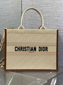 Dior original cotton&calfskin medium book tote bag M1324 beige&brown