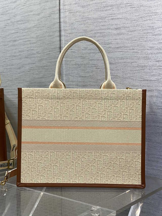 Dior original cotton&calfskin medium book tote bag M1324 beige&brown