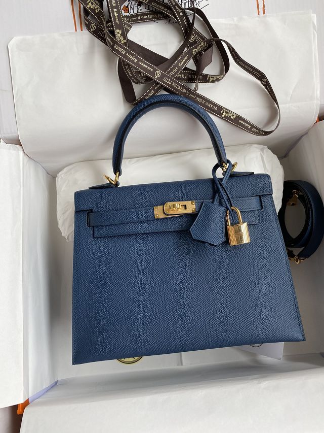 Hermes original epsom leather kelly 32 bag K32-1 deep blue