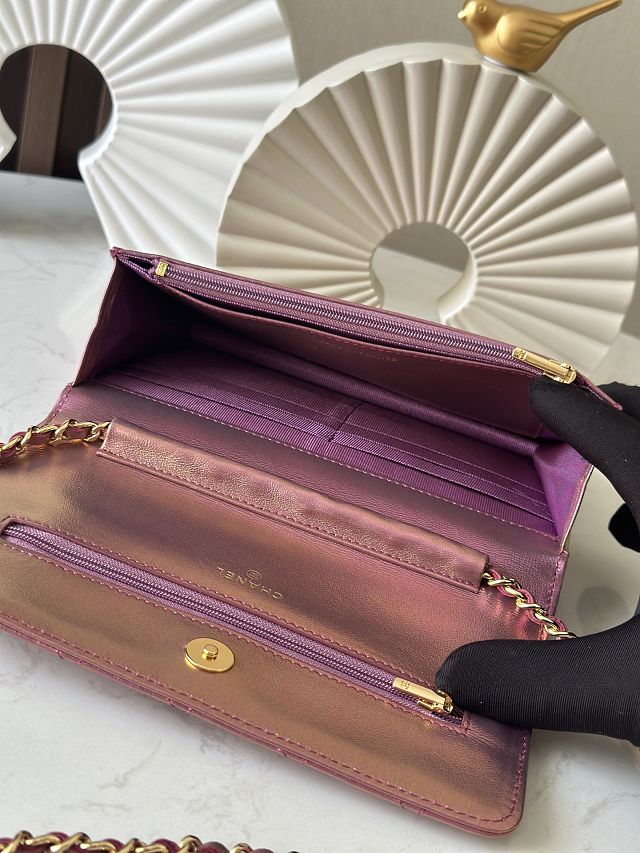 CC original iridescent lambskin wallet on chain AP0250 purple