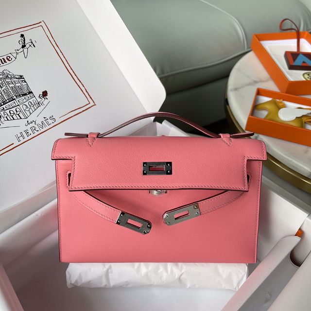 Hermes original swift leather mini kelly 22 clutch K0012 rose dete