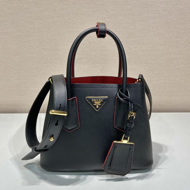 Prada original saffiano calfskin double small bag 1BG443 black&red