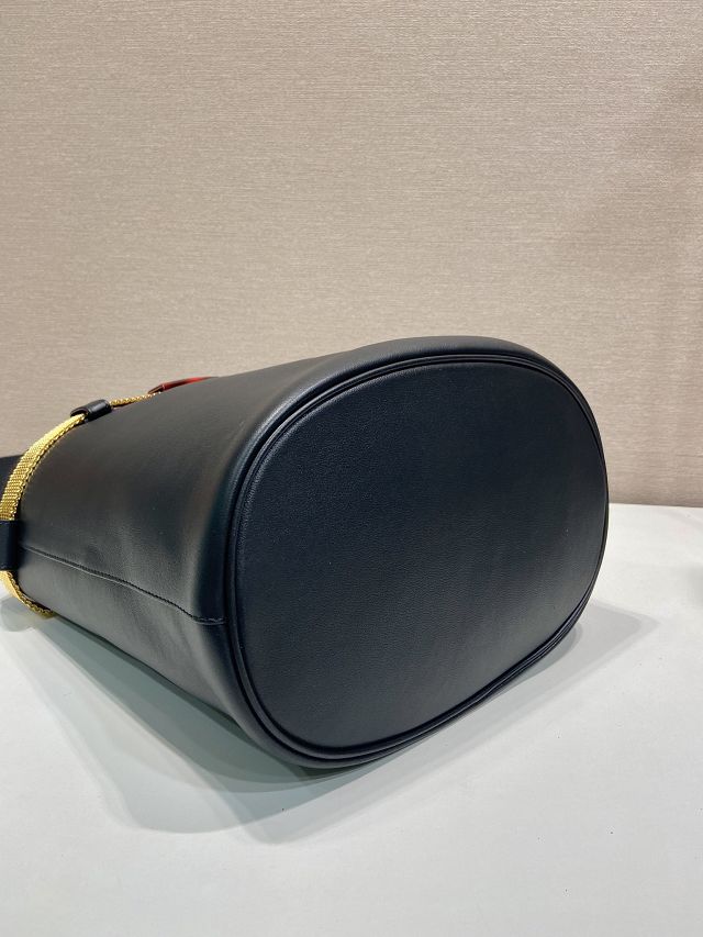 Prada original calfskin bucket bag with jeweled belt 1BE085 black