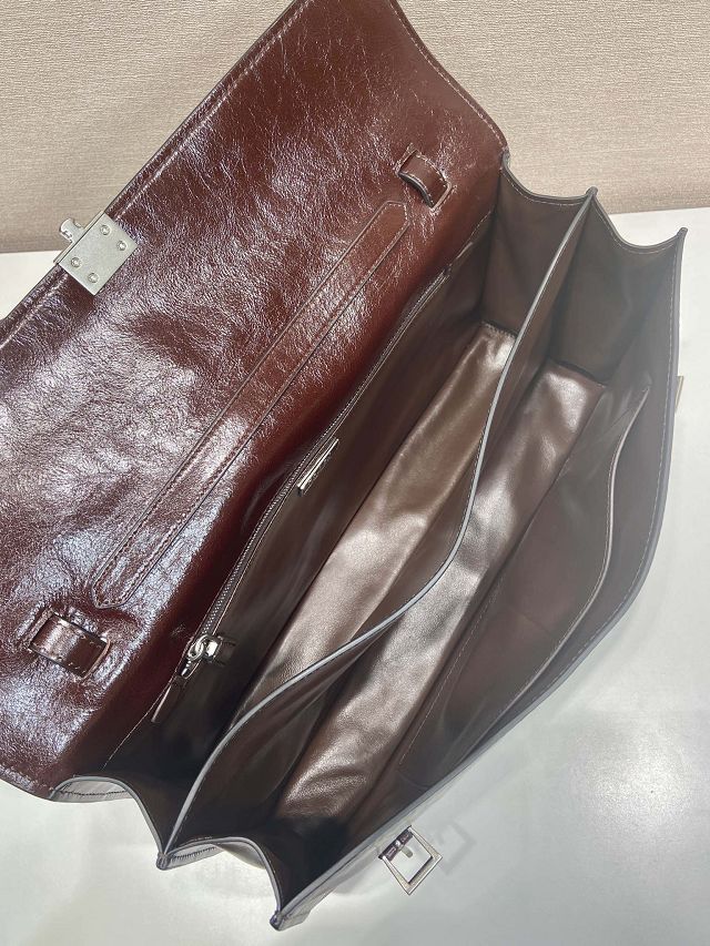 Prada original calfskin large handbag 1BN024 dark brown