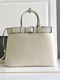 Prada original calfskin large tote bag with belt 1BA416 white