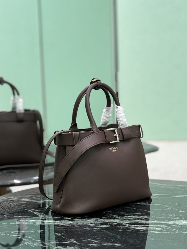 Prada original calfskin tote bag with belt 1BA434 dark brown