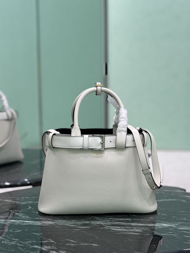 Prada original calfskin tote bag with belt 1BA434 white