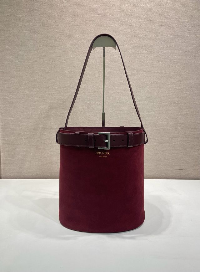 Prada original suede bucket bag with belt 1BE085 bordeaux