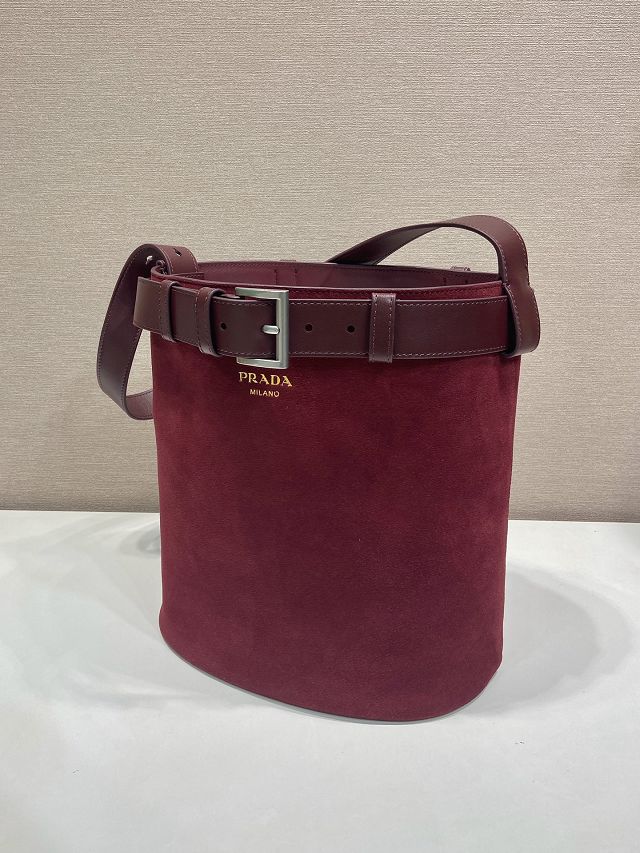 Prada original suede bucket bag with belt 1BE085 bordeaux