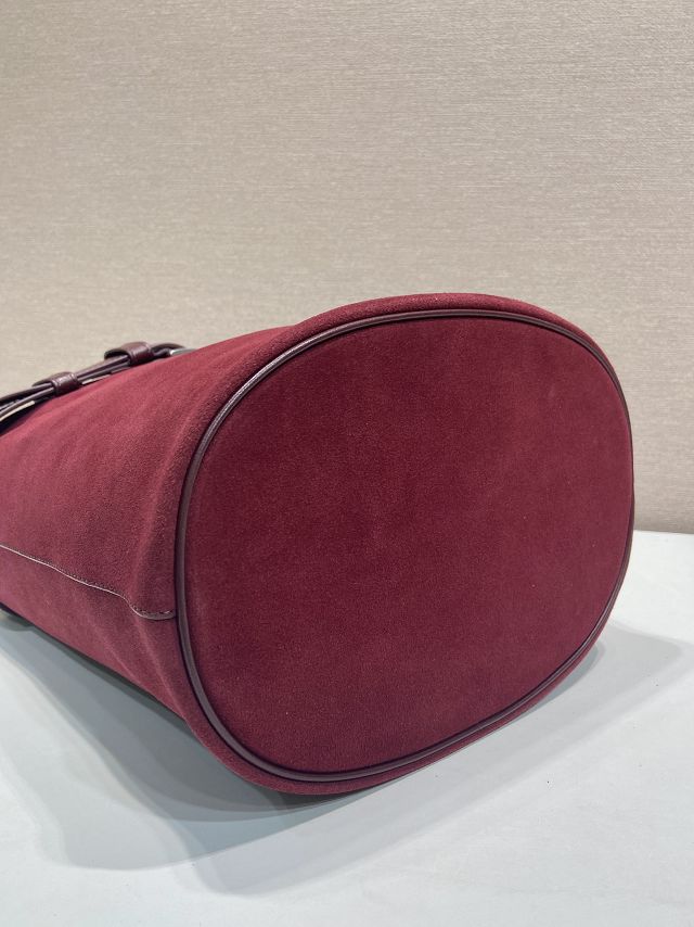 Prada original suede bucket bag with belt 1BE085 bordeaux