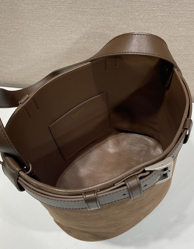 Prada original suede bucket bag with belt 1BE085 brown